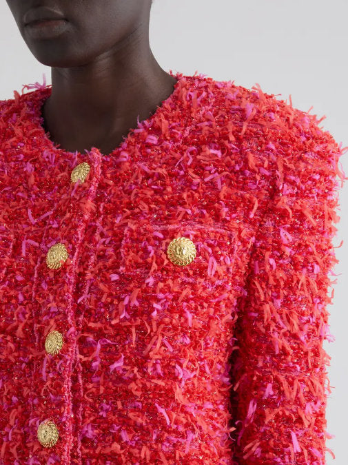 Fuchsia tweed cropped jacket with gold buttons by Branna Couture stylishly designed