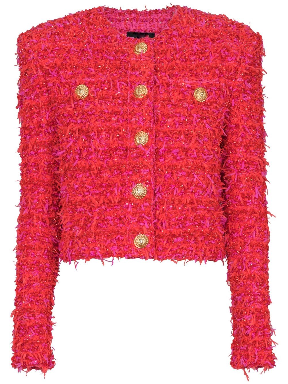 Red and pink tweed cropped jacket with gold buttons by Branna Couture