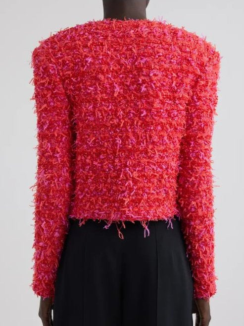 Gold-Button Red and Pink Cropped Tweed Jacket by Branna Couture in textured fabric