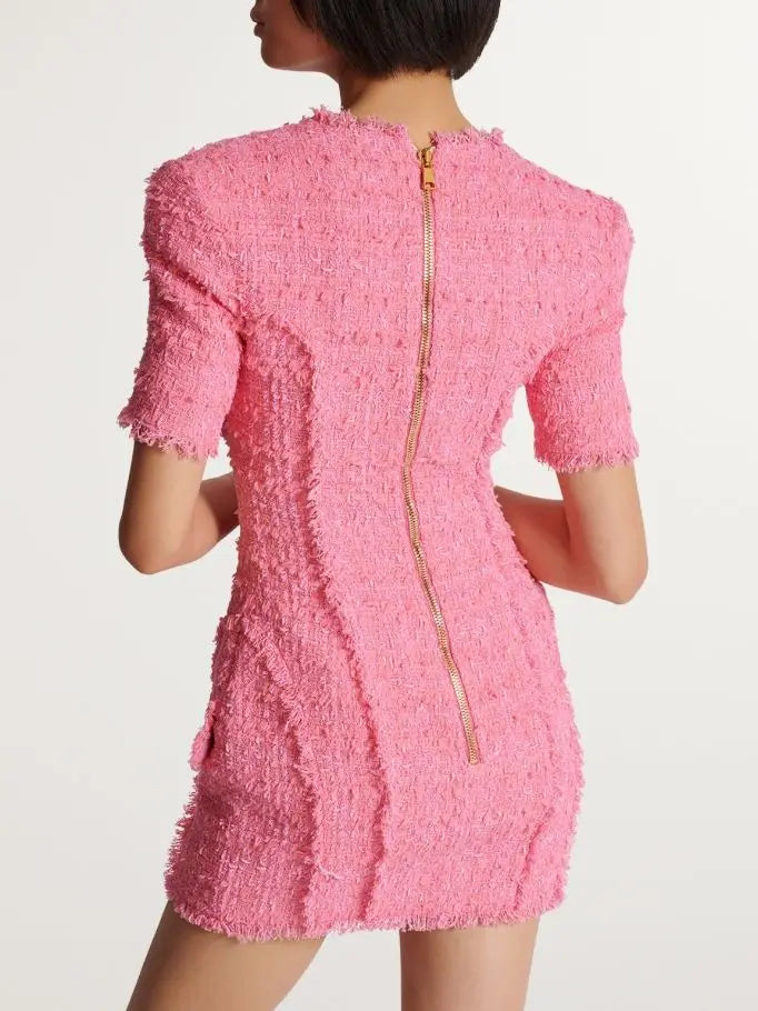 Gold-Buttoned Pink Tweed Short-Sleeve Mini Dress - Dresses