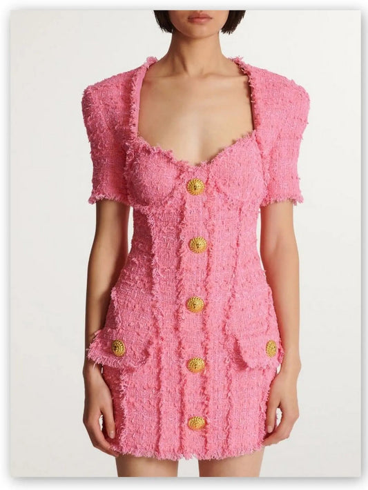 Gold-Buttoned Pink Tweed Short-Sleeve Mini Dress - Dresses