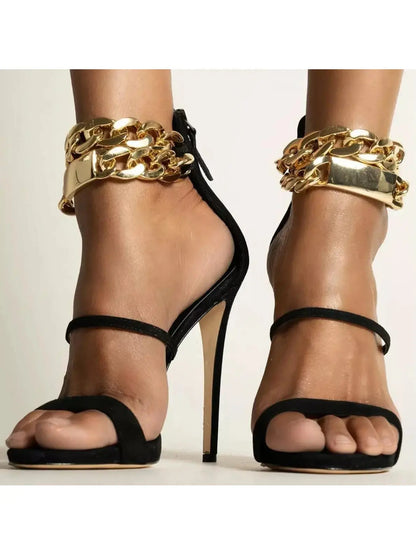 Gold-Chain Open-Toe Suede High Heel Sandals in Black - Footwear