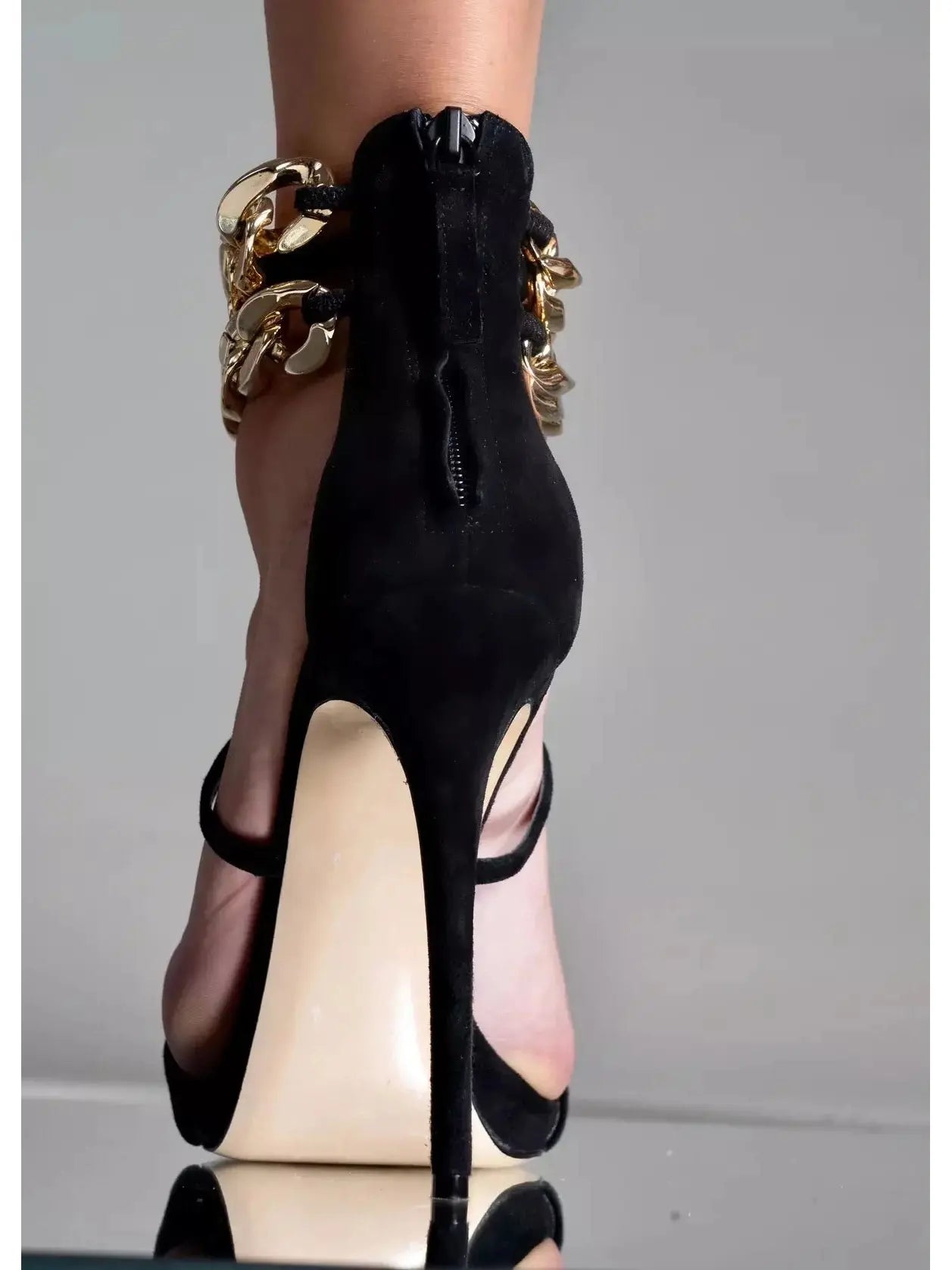 Gold-Chain Open-Toe Suede High Heel Sandals in Black - Footwear