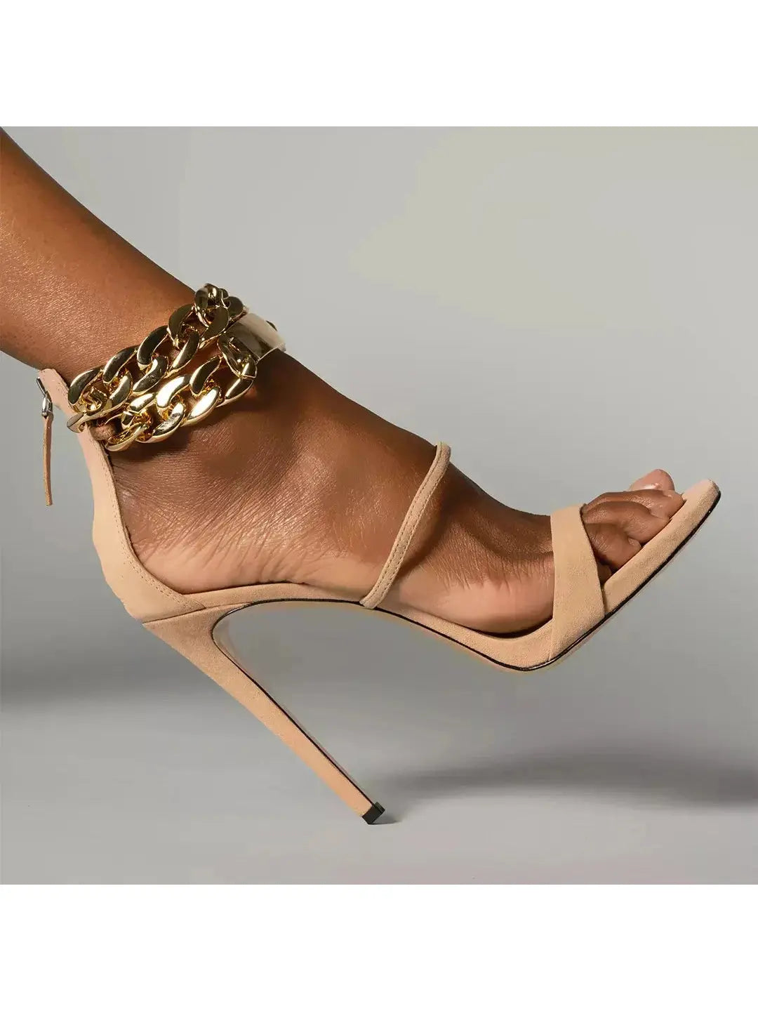 Gold-Chain Open-Toe Suede High Heel Sandals in Tan - Footwear