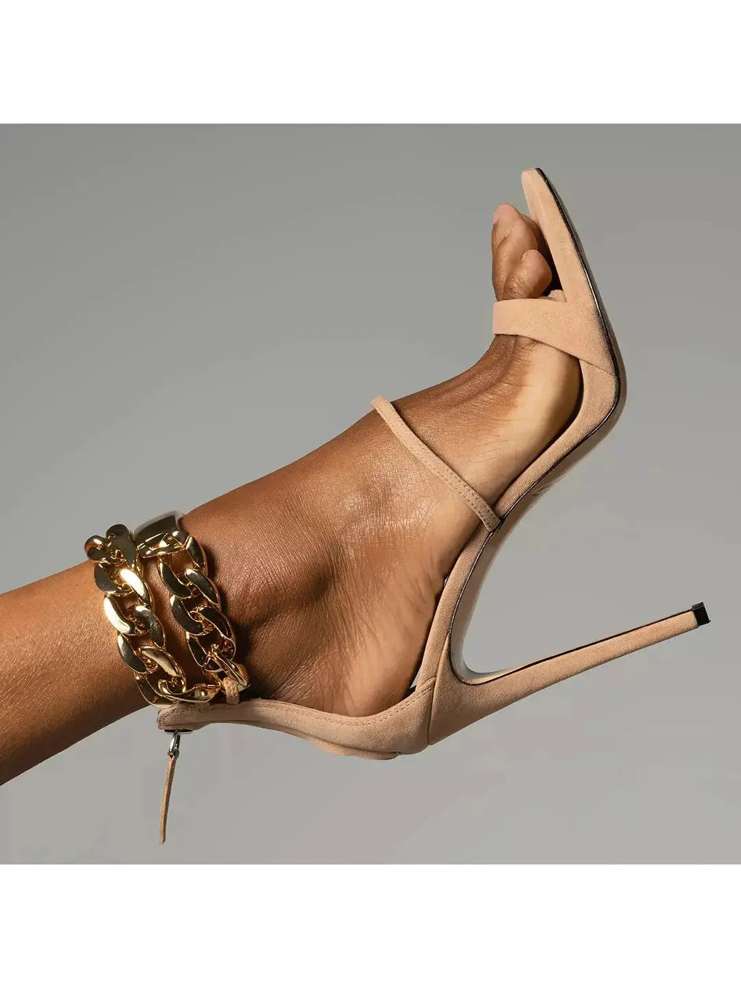 Gold-Chain Open-Toe Suede High Heel Sandals in Tan - Footwear