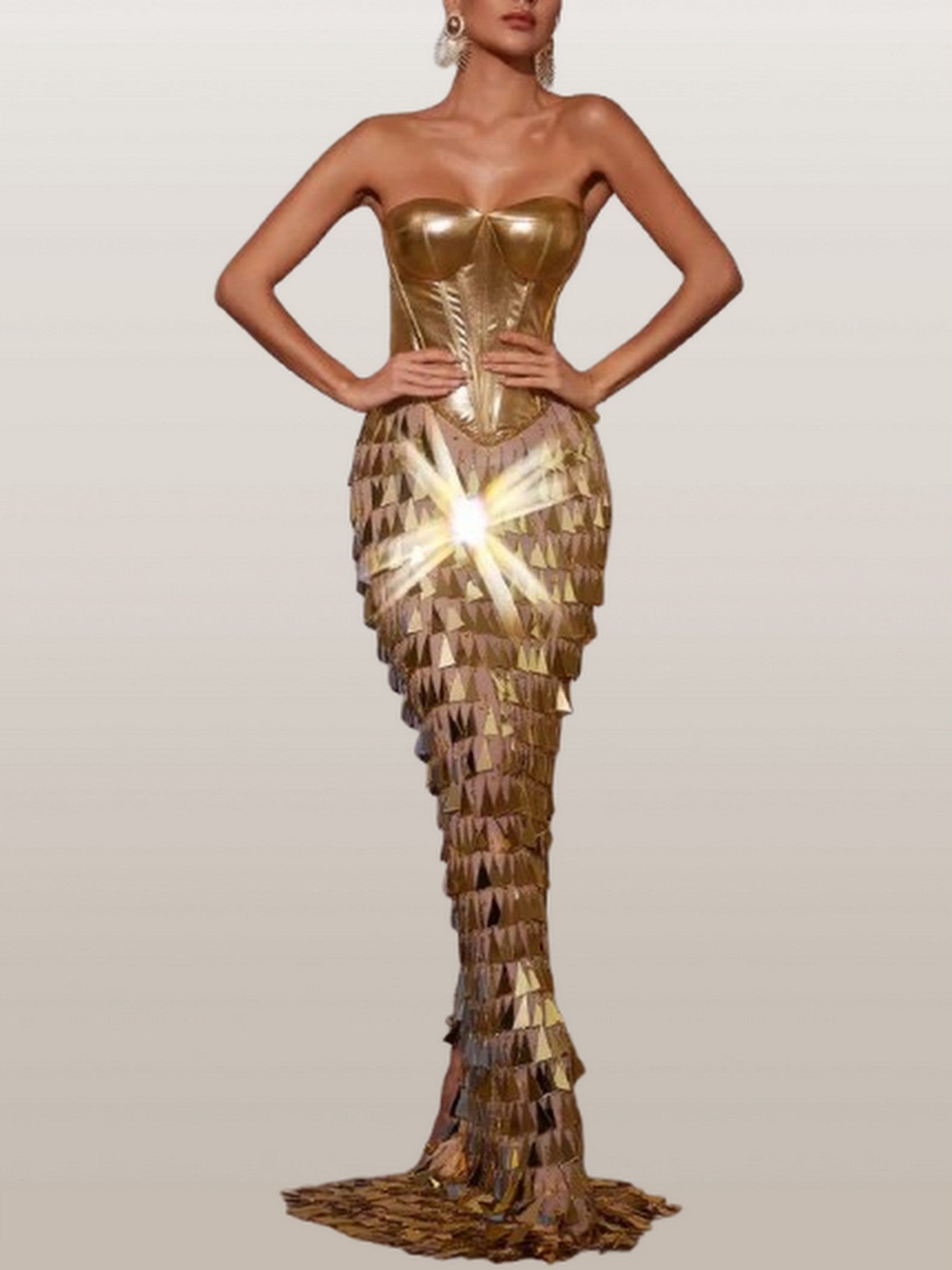 Gold Corset Gown with Hanging Applique Details - Dresses