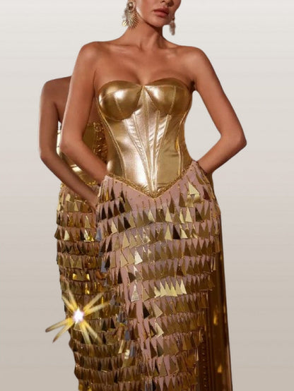 Gold Corset Gown with Hanging Applique Details - Dresses