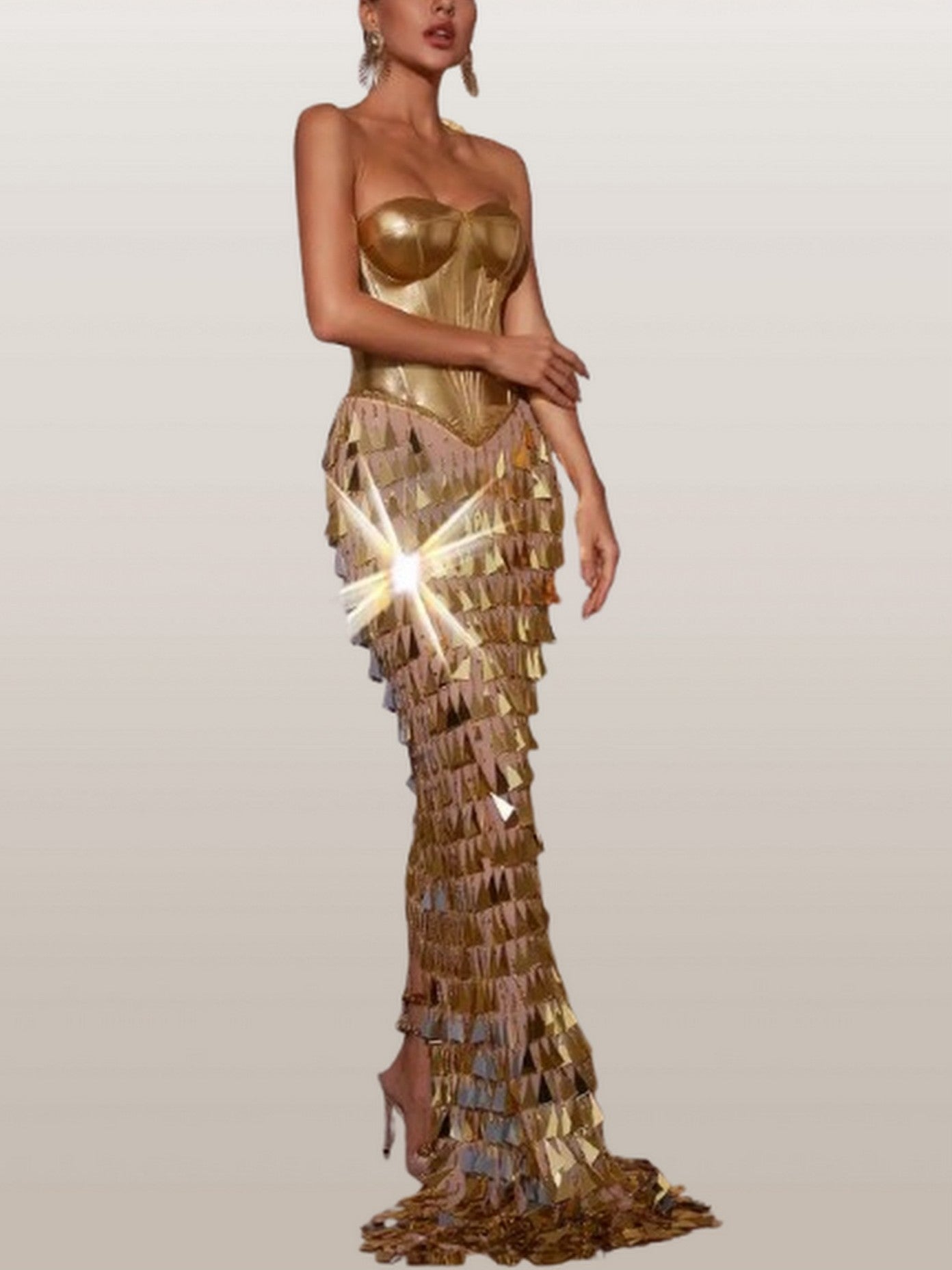 Gold Corset Gown with Hanging Applique Details - Dresses