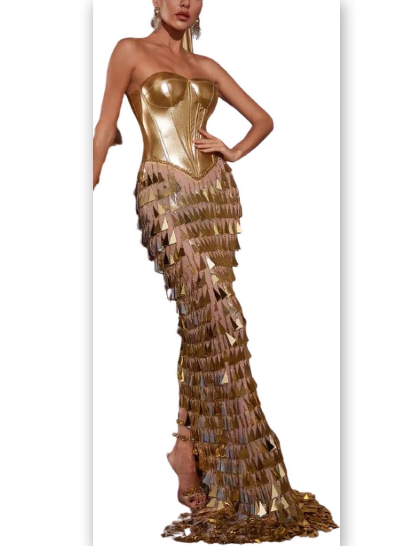 Gold Corset Gown with Hanging Applique Details - Dresses