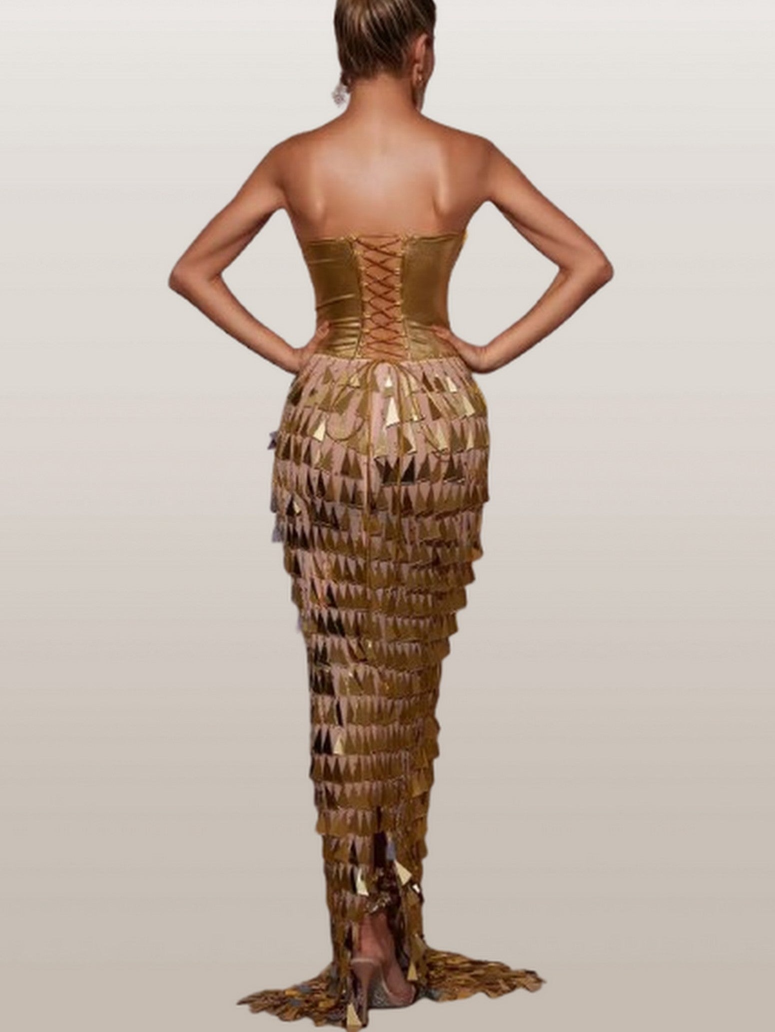 Gold Corset Gown with Hanging Applique Details - Dresses