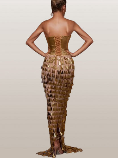 Gold Corset Gown with Hanging Applique Details - Dresses