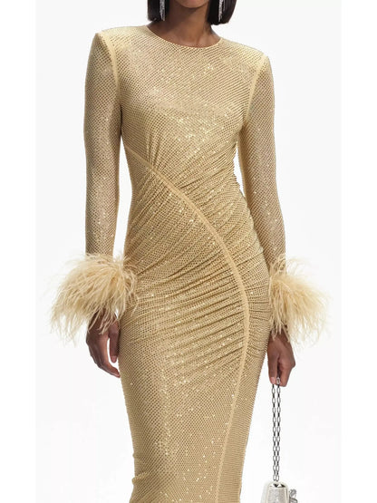 Gold Crystal Feather Midi Dress - Dresses