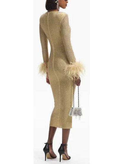 Gold Crystal Feather Midi Dress - Dresses