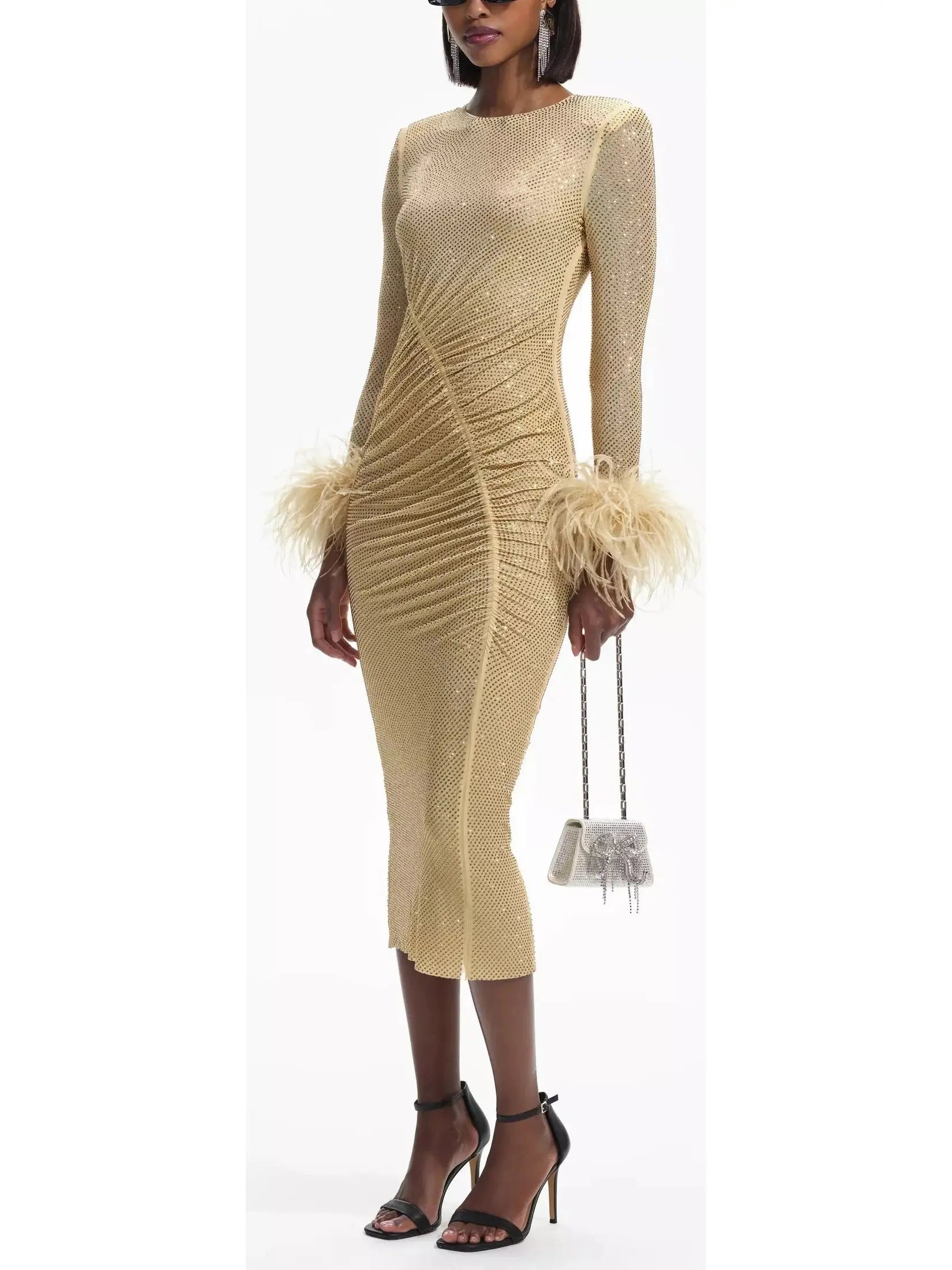 Gold Crystal Feather Midi Dress - Dresses