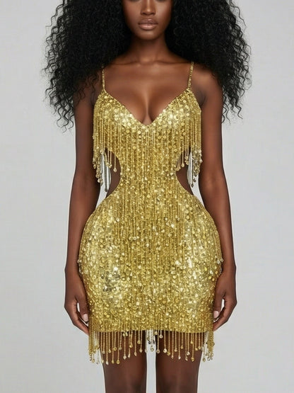 Gold Fringe-Embellished Mini Dress - Dresses