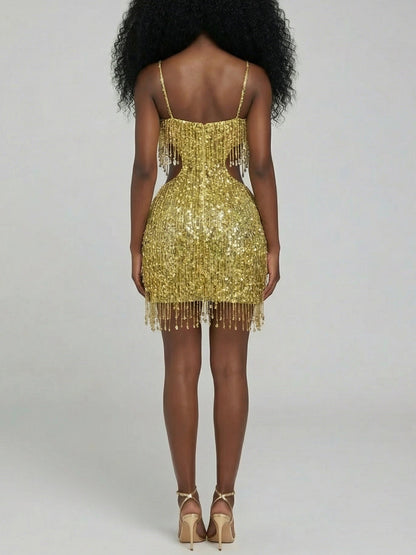 Gold Fringe-Embellished Mini Dress - Dresses