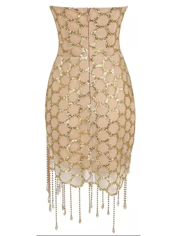 Gold Jewel and Chain Fringe Mini Dress - Dresses