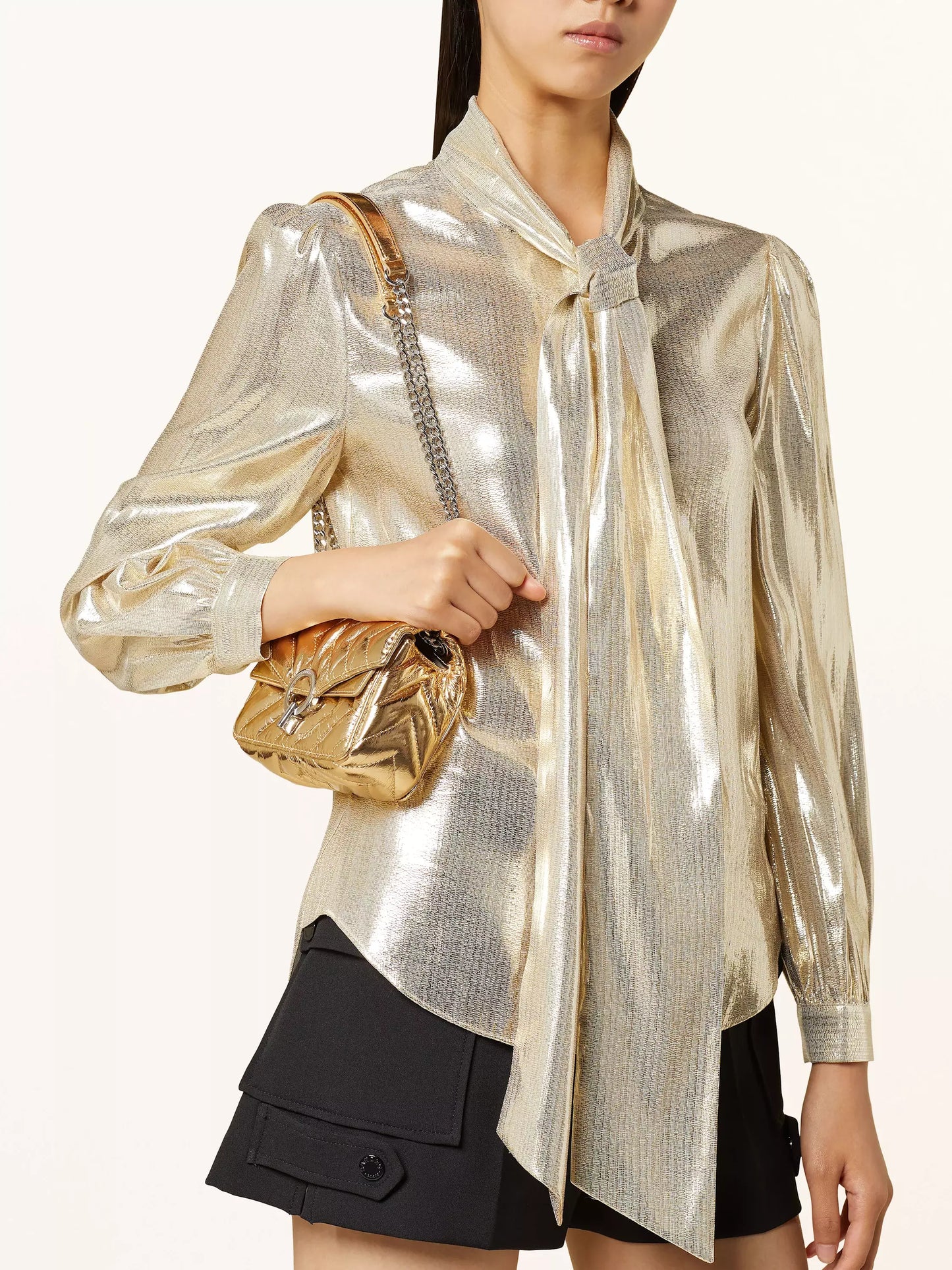 Gold Lamé Tie-Neck Shirt - Tops