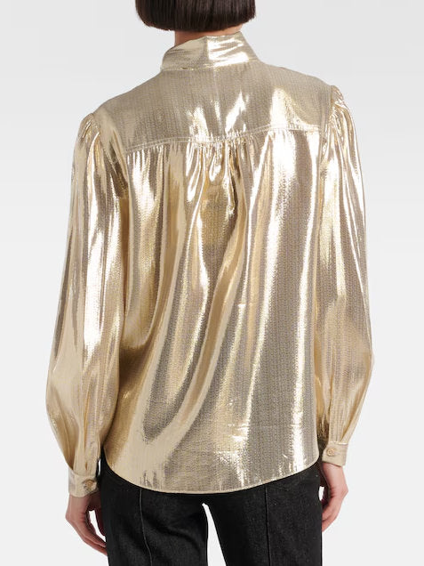 Gold Lamé Tie-Neck Shirt - Tops