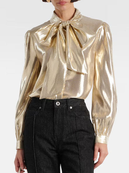 Gold Lamé Tie-Neck Shirt - Tops