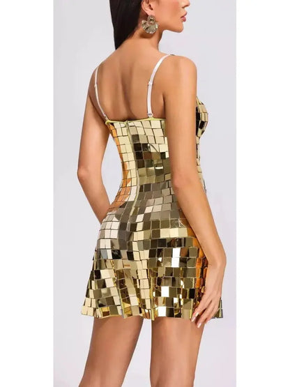 Gold Mirror Patchwork Mini Skater Dress - Dresses