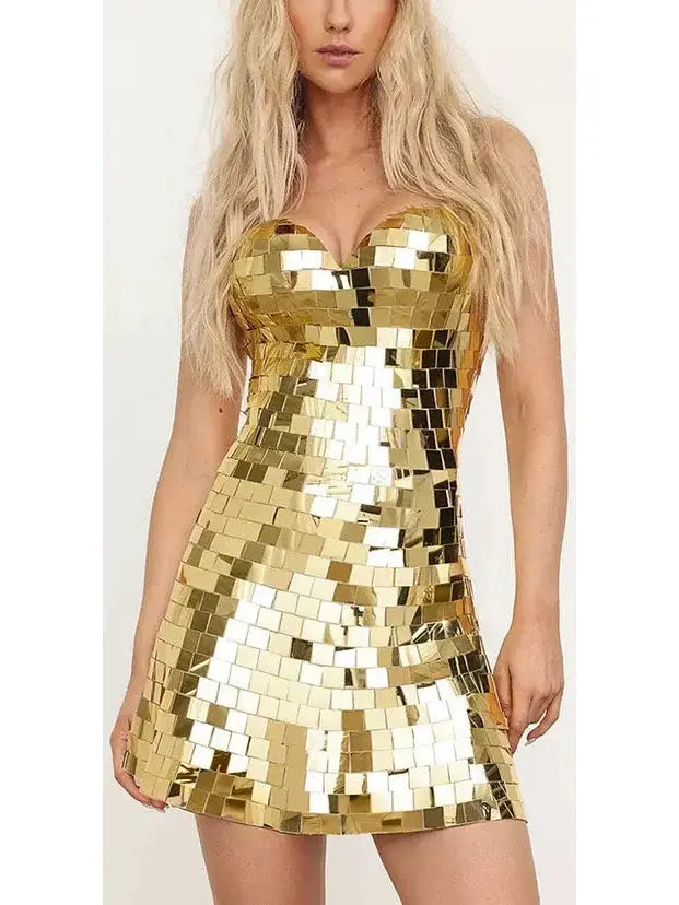 Gold Mirror Patchwork Mini Skater Dress - Dresses