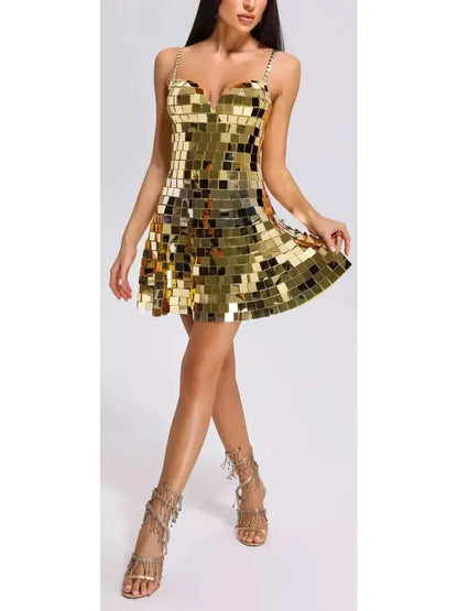 Gold Mirror Patchwork Mini Skater Dress - Dresses