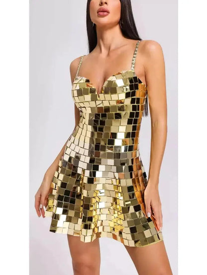 Gold Mirror Patchwork Mini Skater Dress - Dresses