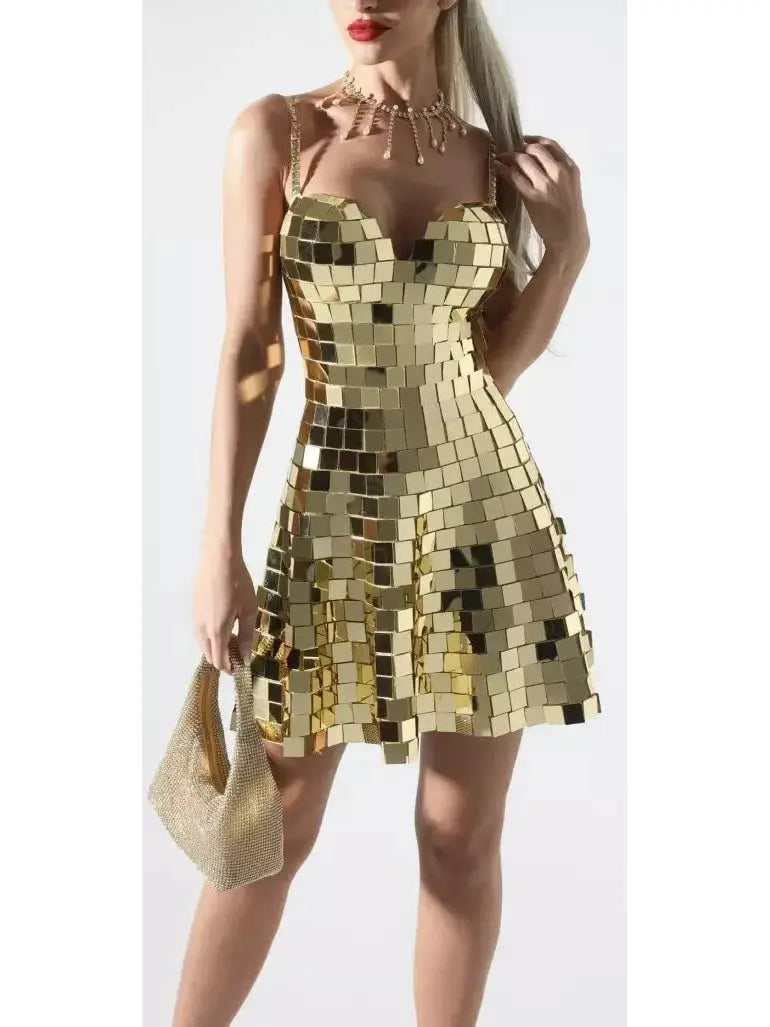 Gold Mirror Patchwork Mini Skater Dress - Dresses