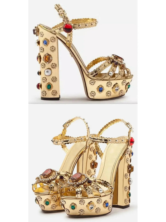 Gold Platform Stud and Jewel-Embellished Sandals - Footwear