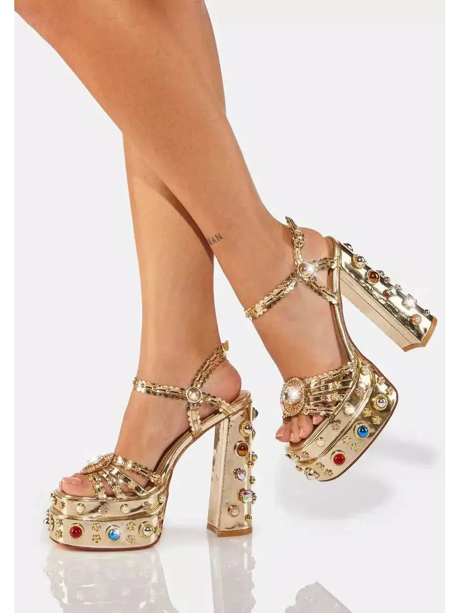 Gold Platform Stud and Jewel-Embellished Sandals - Footwear