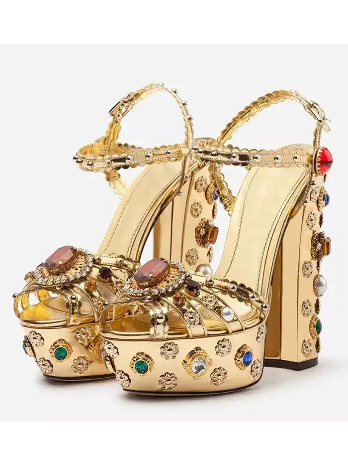 Gold Platform Stud and Jewel-Embellished Sandals - Footwear