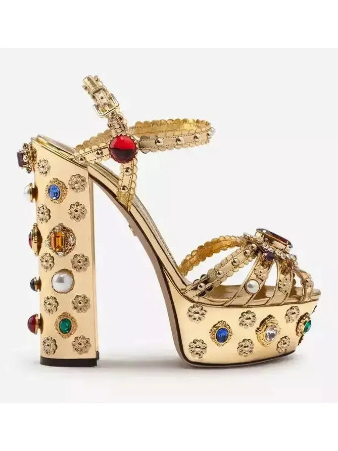 Gold Platform Stud and Jewel-Embellished Sandals - Footwear