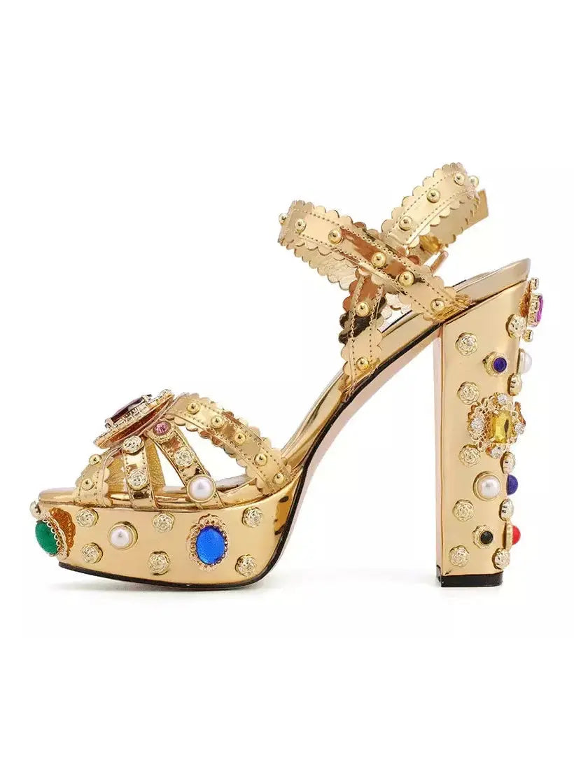 Gold Platform Stud and Jewel-Embellished Sandals - Footwear