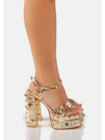 Gold Platform Stud and Jewel-Embellished Sandals - Footwear