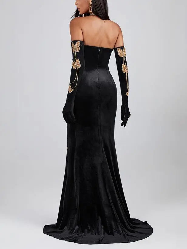 Gold Sequin Butterfly-Patch and Chain Embellished Black Strapless Velvet Gown - Dresses