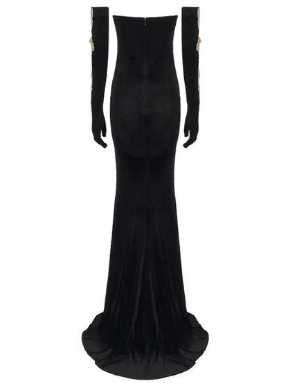 Gold Sequin Butterfly-Patch and Chain Embellished Black Strapless Velvet Gown - Dresses