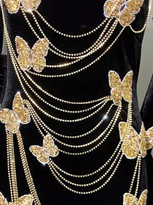 Gold Sequin Butterfly-Patch and Chain Embellished Black Strapless Velvet Gown - Dresses