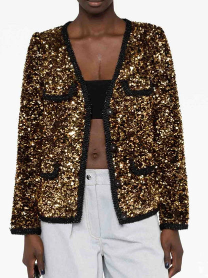 Gold-Sequin Embellished Black Blazer Jacket - Jackets