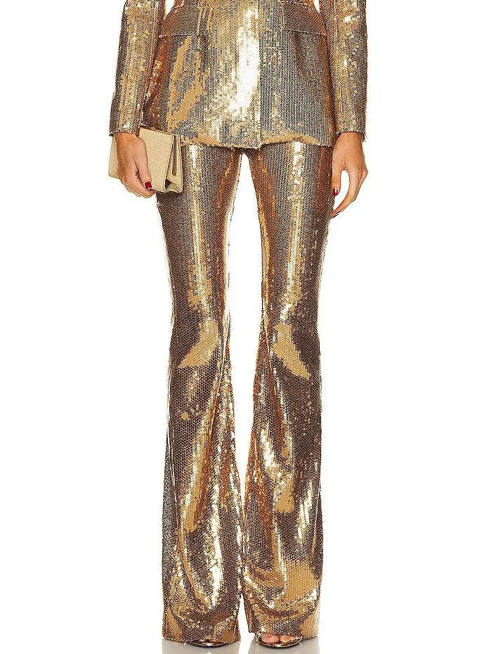 Gold Sequin-Embellished Single Breasted Blazer and Pant Suit - Suits & Sets