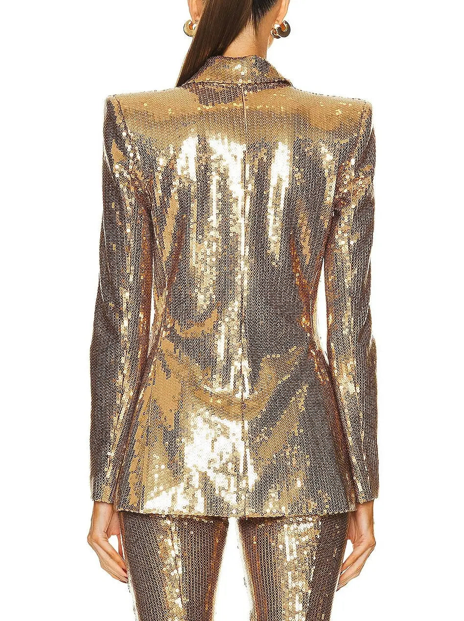 Gold Sequin-Embellished Single Breasted Blazer and Pant Suit - Suits & Sets