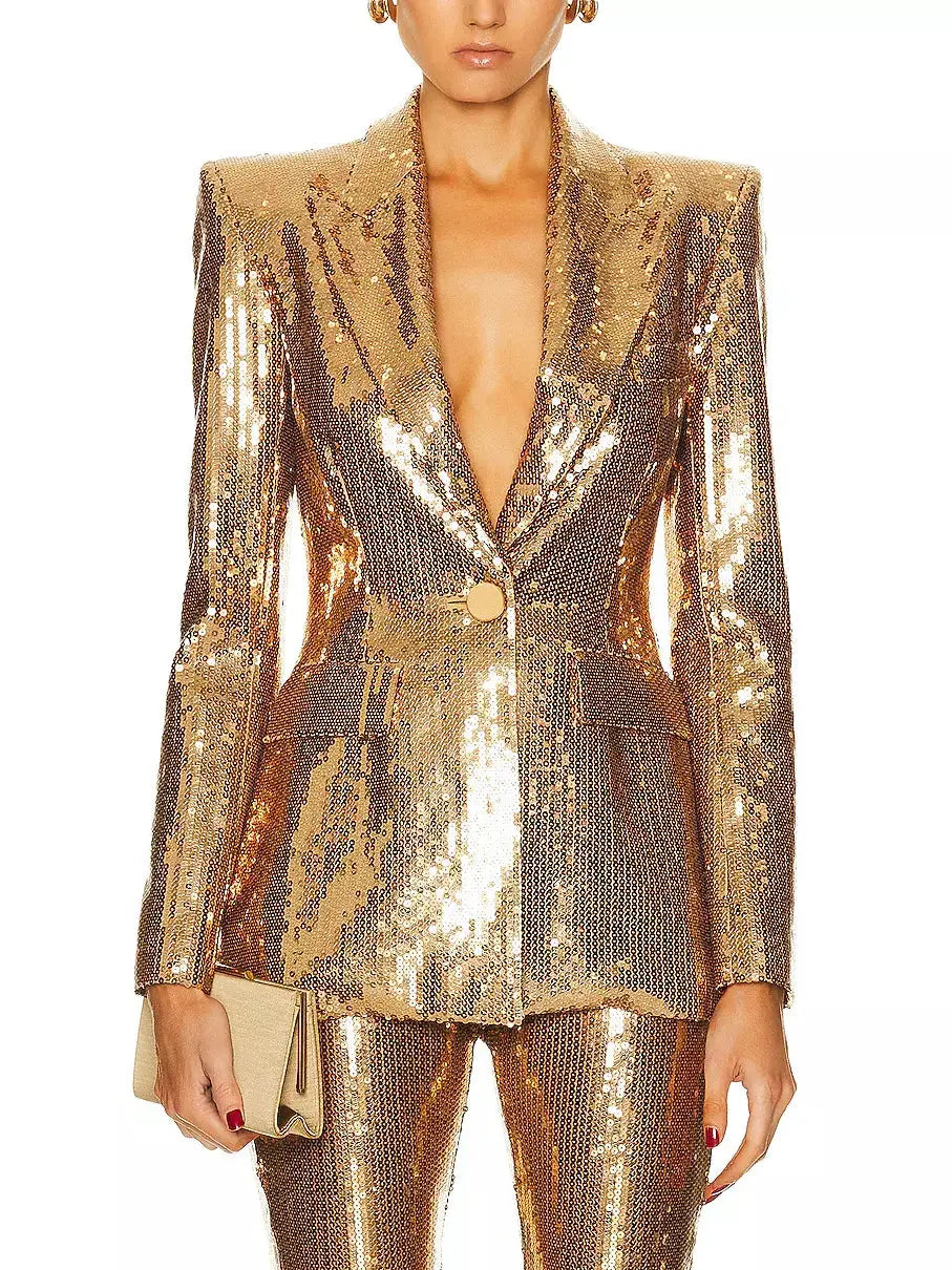 Gold Sequin-Embellished Single Breasted Blazer and Pant Suit - Suits & Sets