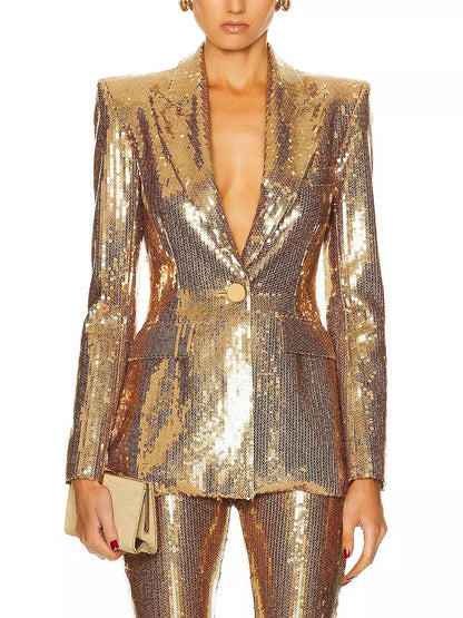 Gold Sequin-Embellished Single Breasted Blazer and Pant Suit - Suits & Sets