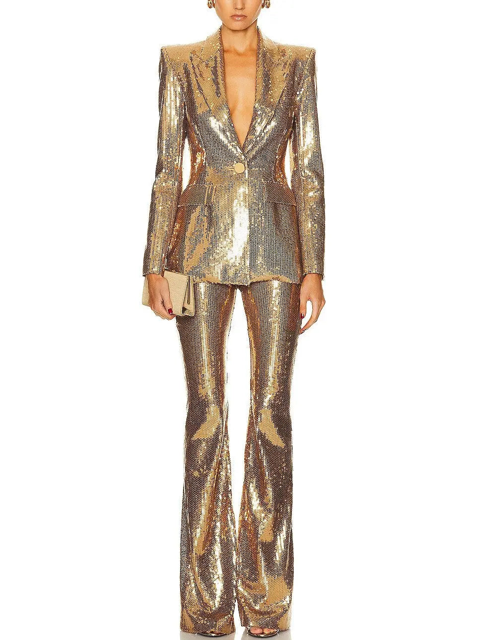 Gold Sequin-Embellished Single Breasted Blazer and Pant Suit - Suits & Sets