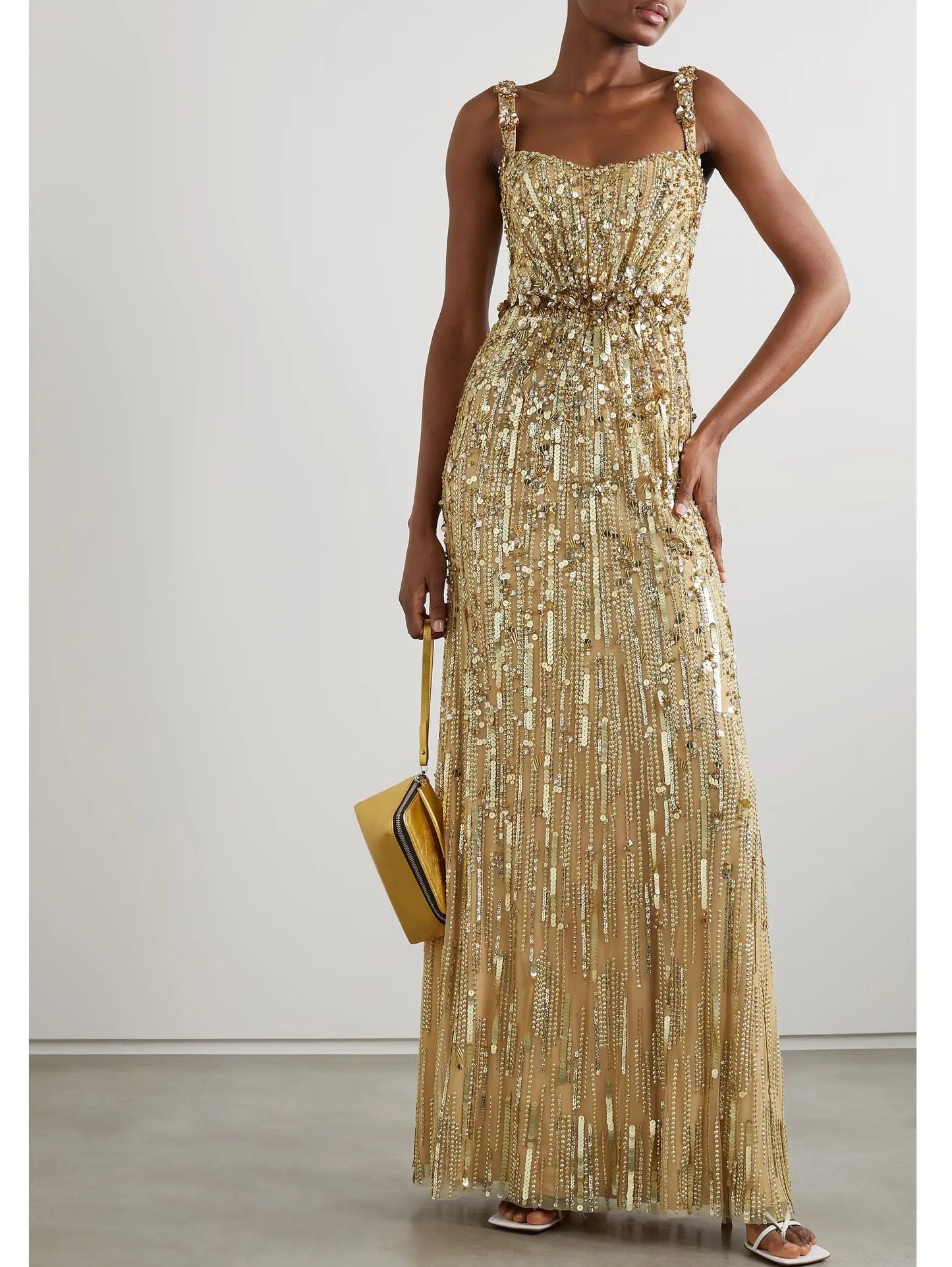 Gold-Sequin-Embellished Sleeveless Satin Gown - Dresses