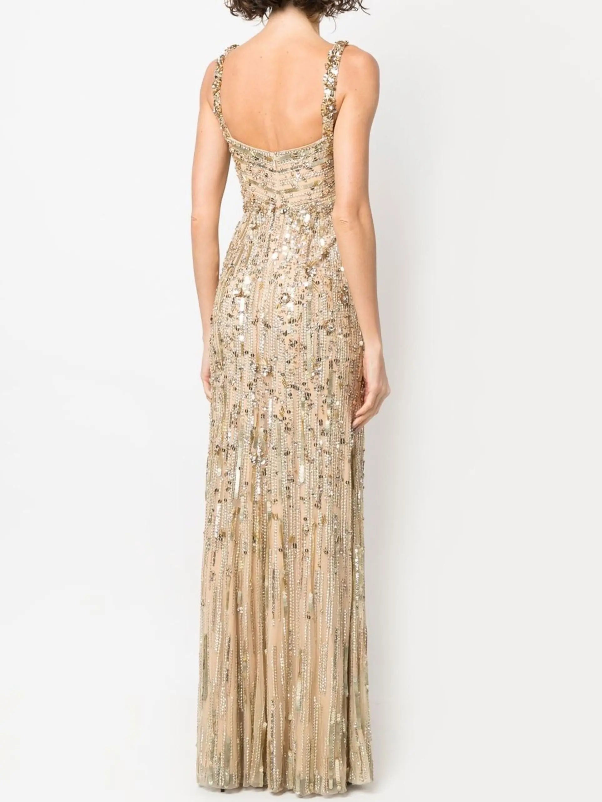 Gold-Sequin-Embellished Sleeveless Satin Gown - Dresses