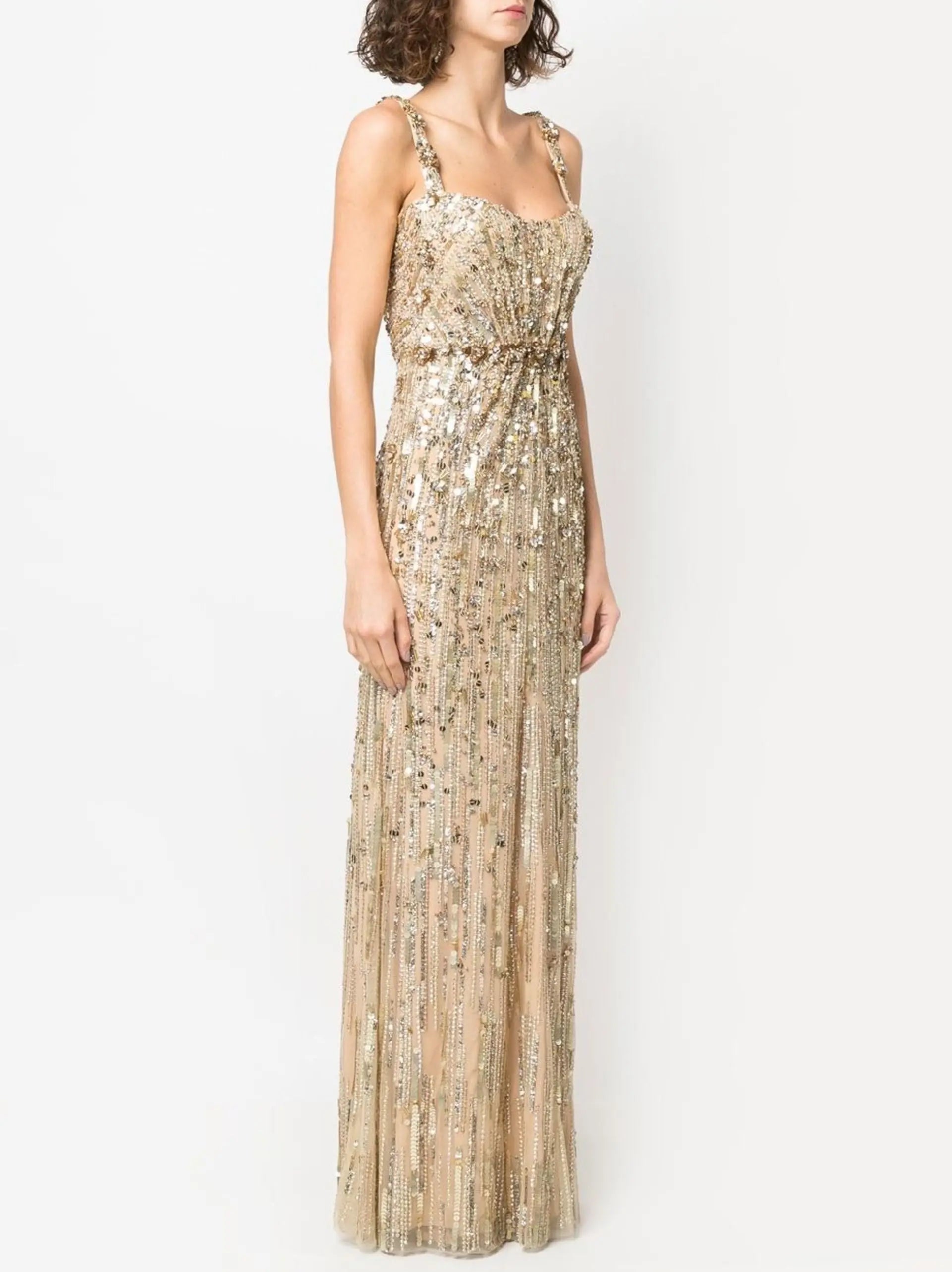 Gold-Sequin-Embellished Sleeveless Satin Gown - Dresses