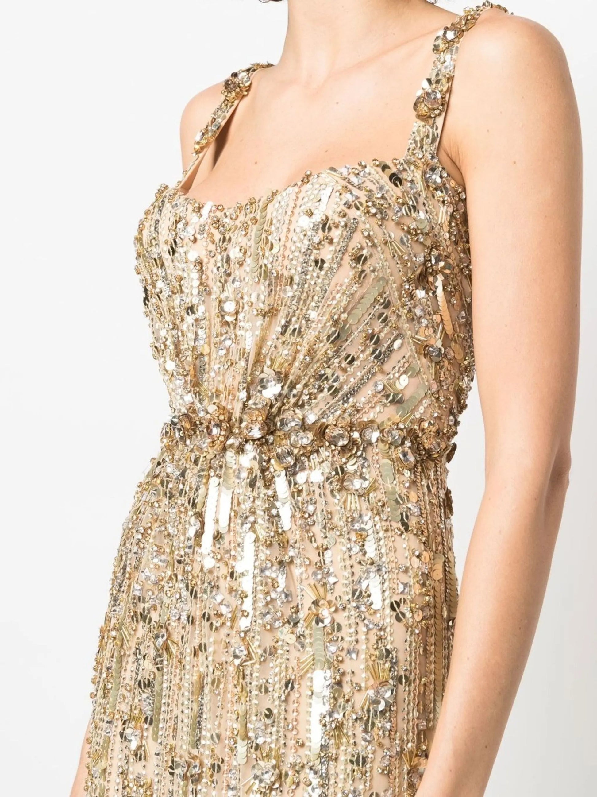 Gold-Sequin-Embellished Sleeveless Satin Gown - Dresses