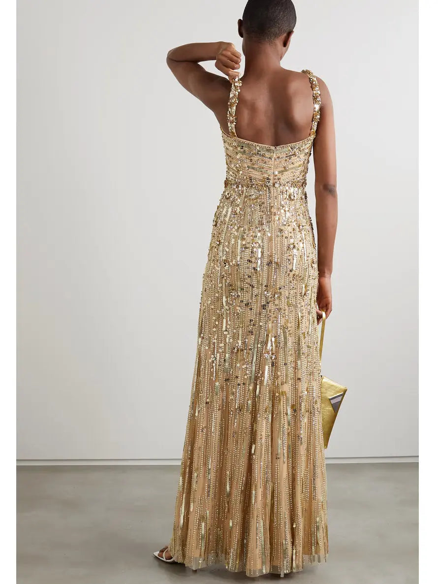 Gold-Sequin-Embellished Sleeveless Satin Gown - Dresses