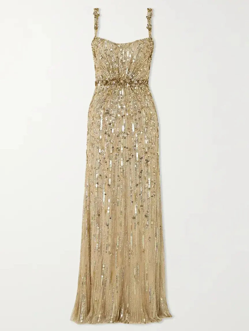 Gold-Sequin-Embellished Sleeveless Satin Gown - Dresses